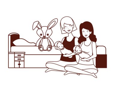 sevimli gebelik anneler yatak odasında küçük bebekler kaldırma oturmuş