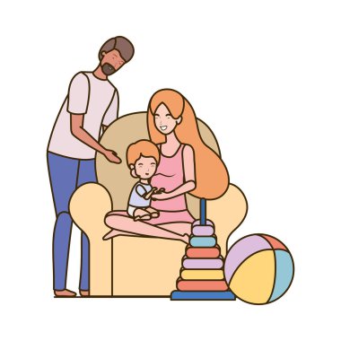 Ebeveyn ve bebek oturma odasında.