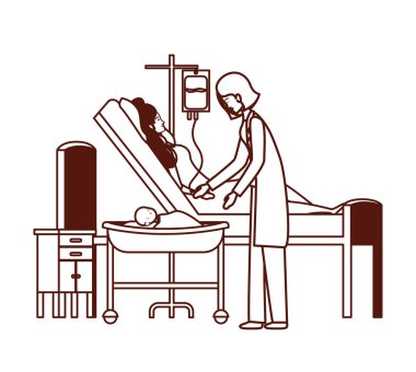 sedye de yeni doğan bebek ile anne ve doktor