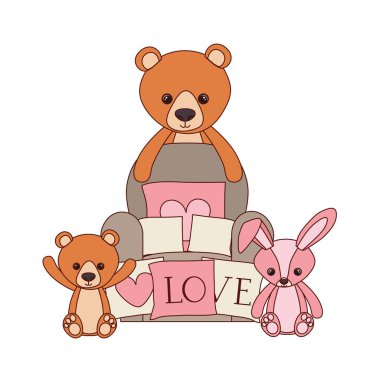 sevimli ayı ve tavşan oturma odasında bebek oyuncakları doldurulmuş