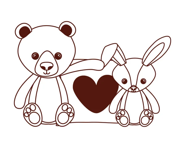 可爱的熊和兔子填充婴儿玩具与心脏爱枕头 — 图库矢量图片