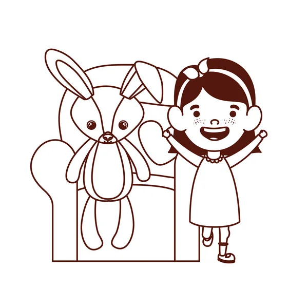 Мила маленька дівчинка дитина у вітальні з іграшковим персонажем кролика — стоковий вектор