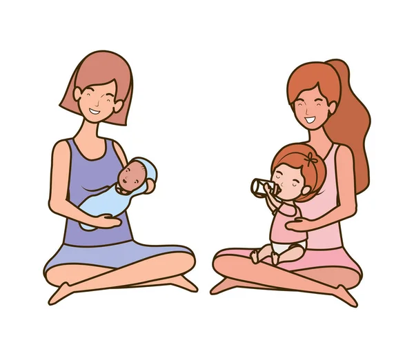 Lindo embarazo madres sentadas levantando pequeños bebés personajes — Archivo Imágenes Vectoriales