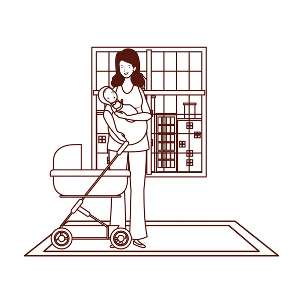 Bonito gravidez mãe com pouco bebê no carrinho — Vetor de Stock