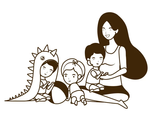 Bonito gravidez mãe com crianças pequenas personagens — Vetor de Stock