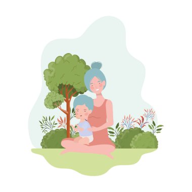 sevimli hamilelik anne kampta küçük çocuk ile oturmuş