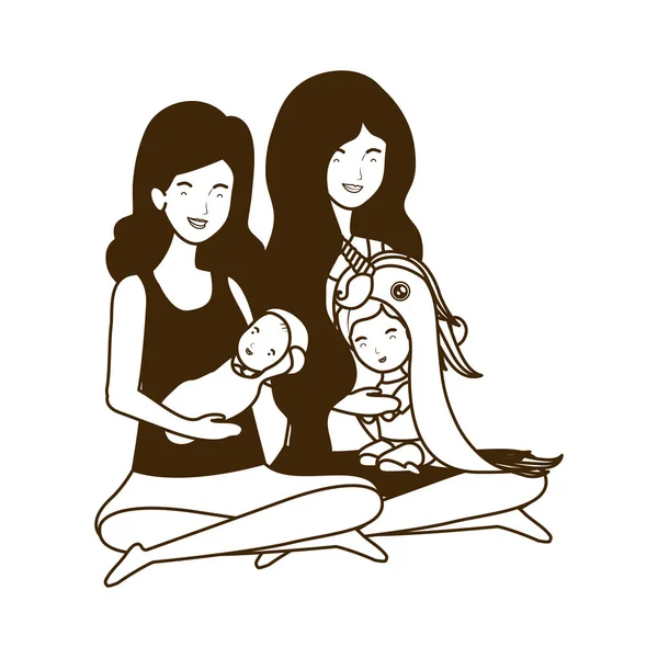 Aranyos terhesség anyák ülő emelő kis babák karakterek — Stock Vector