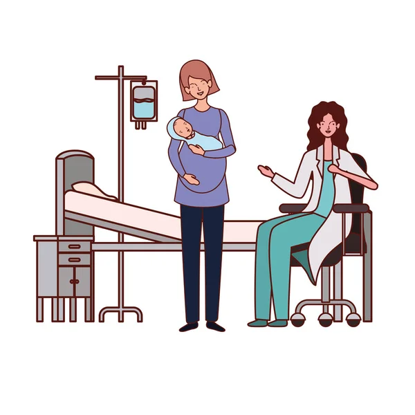 Mère et médecin avec nouveau-né en civière — Image vectorielle