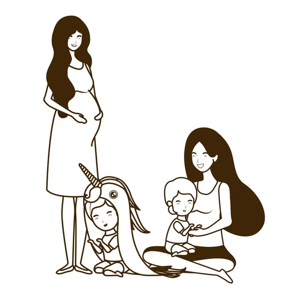 かわいい妊娠の母親は小さな赤ちゃんの文字を持ち上げて座って — ストックベクタ