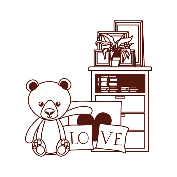 Roztomilý medvídek nacpaný milostné polštáře a regály — Stockový vektor