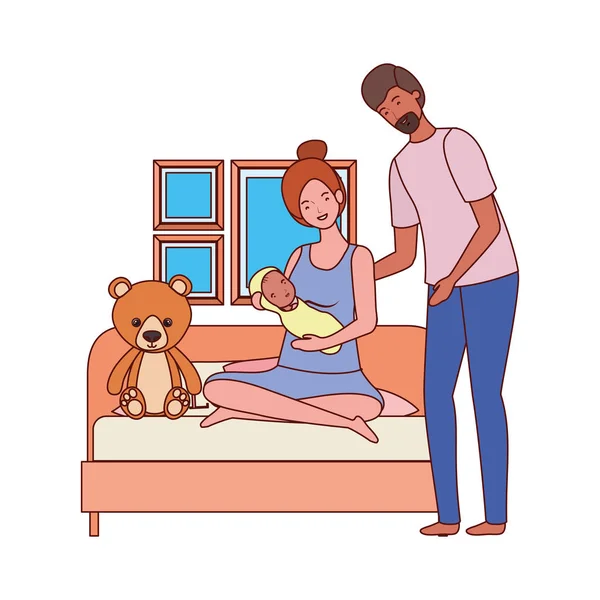 Батьки пара з маленькою дитиною в спальні — стоковий вектор