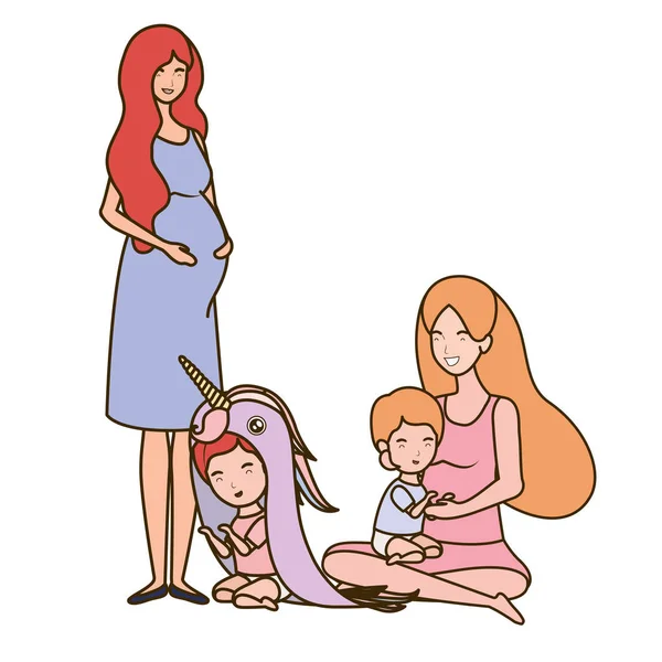 Aranyos terhesség anyák ülő emelés kis babák — Stock Vector