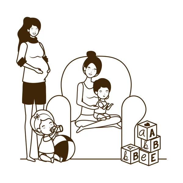 Милые беременные матери с маленькими детьми в гостиной — стоковый вектор