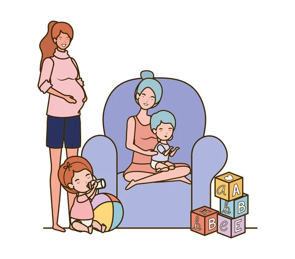 Lindo embarazo madres con pequeños bebés en sala de estar — Archivo Imágenes Vectoriales
