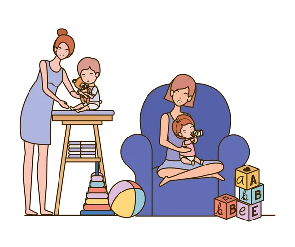 oturma odasında küçük bebekler ile sevimli gebelik anneler