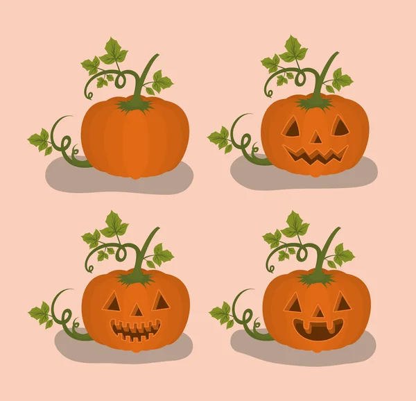 Tarjeta de celebración de Halloween con conjunto de calabazas caras — Vector de stock