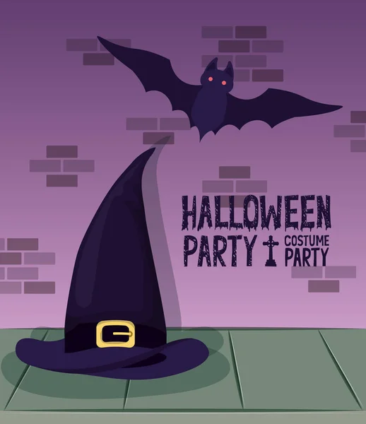 Carte de célébration d'Halloween avec chapeau de sorcière et chauve-souris — Image vectorielle