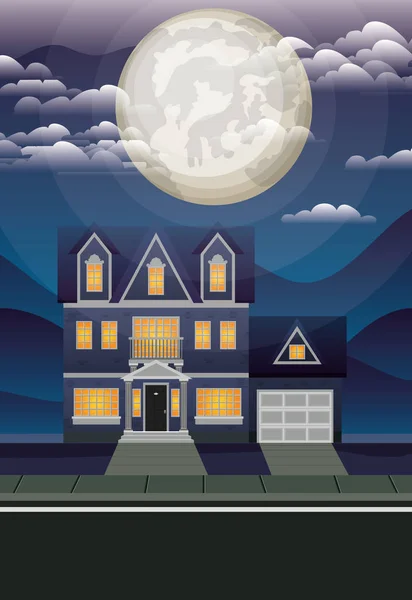 Beautiful house in the neighborhood at night scene — Stock Vector