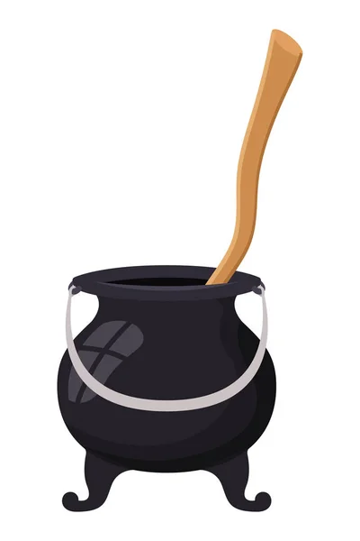 Olla de caldero de bruja y mezclador de madera — Vector de stock