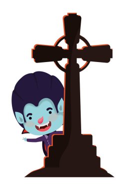 dracula kostüm ve çapraz mezarlık ile sevimli küçük çocuk
