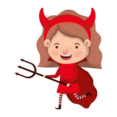 şeytan kostümü ve trident ile sevimli küçük kız