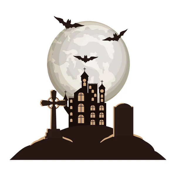 Halloween bats flying with castle in cemetery night scene — Stock Vector