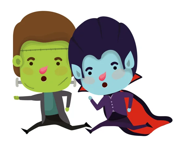 Lindo niños con frankenstein y dracula traje — Vector de stock