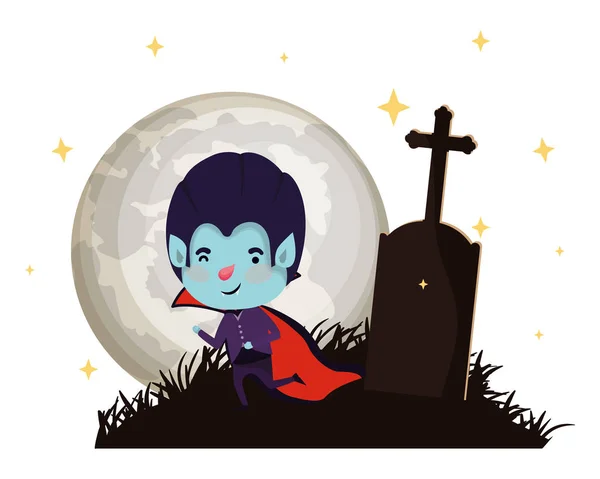 Lindo niño con traje de Drácula en el cementerio — Archivo Imágenes Vectoriales