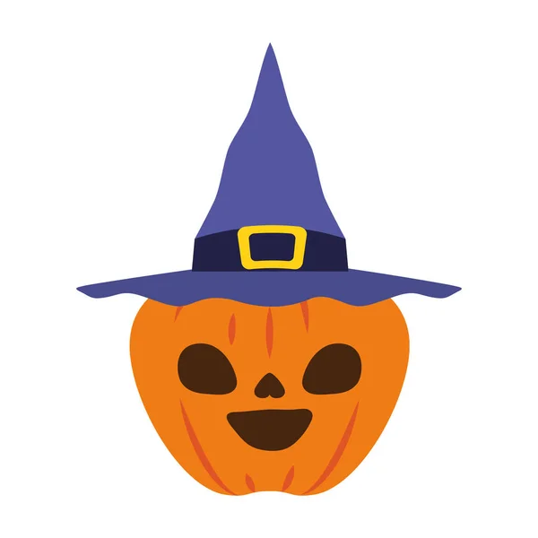Calabaza de halloween con cara oscura y sombrero de bruja — Vector de stock