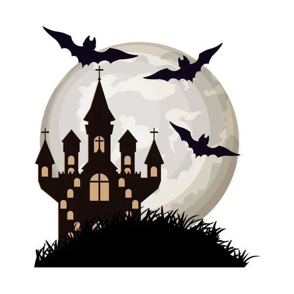 Halloween fladdermöss flyger med slott i nattscen — Stock vektor