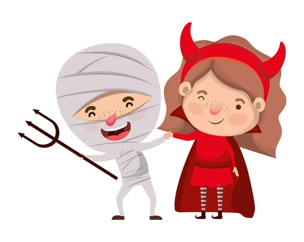 Cute little kids with mummy and devil costume — Stock Vector