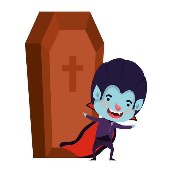 Lindo niño con traje de Drácula y ataúd — Vector de stock