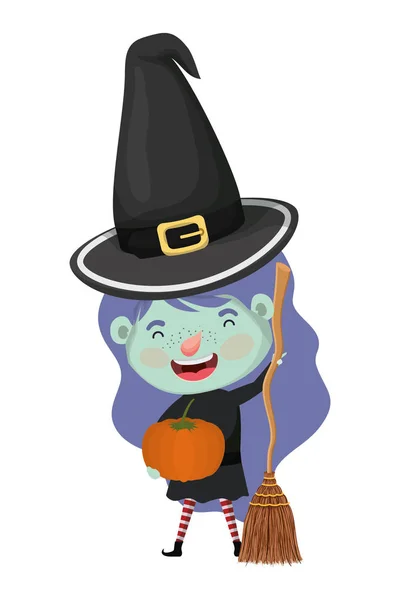 Cute little girl with witch costume and broom — Stock Vector