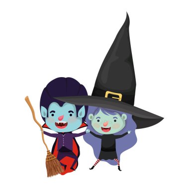 dracula ve cadı kostümü ile sevimli küçük çocuklar