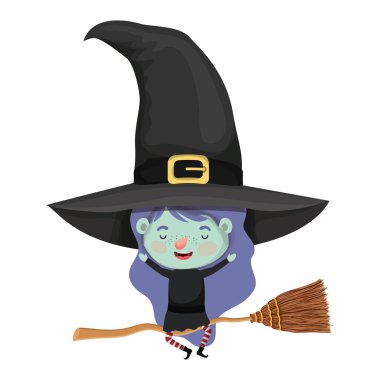 cadı kostümü ve süpürge ile sevimli küçük kız