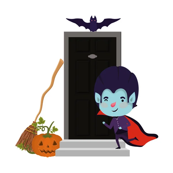 Niño con traje de Drácula y murciélagos volando en la casa de la puerta — Archivo Imágenes Vectoriales