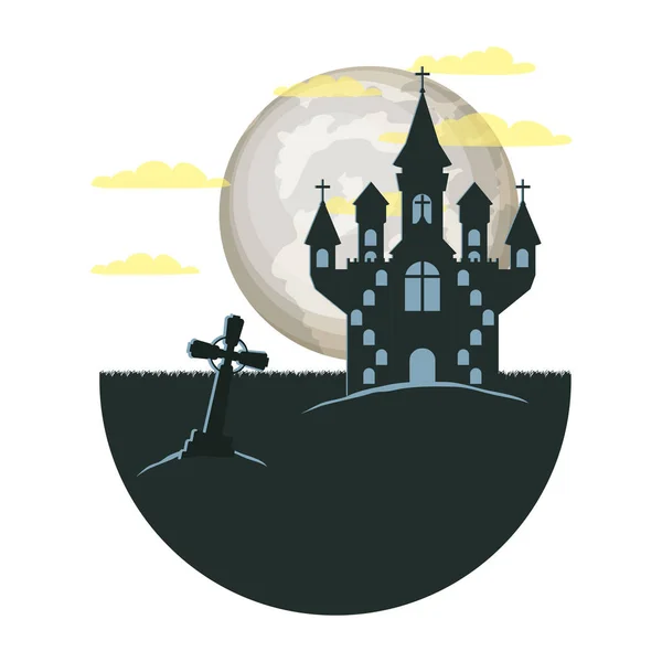 Dark cemetery with castle night scene icon — Stock Vector