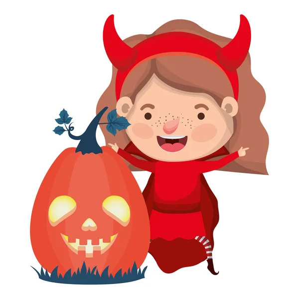 Linda niña con traje de diablo y lámpara de calabaza — Archivo Imágenes Vectoriales