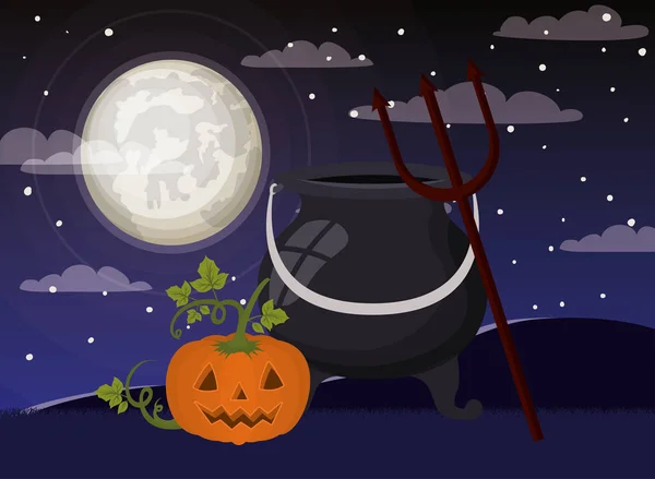Cartolina di Halloween con zucche e calderone scena — Vettoriale Stock