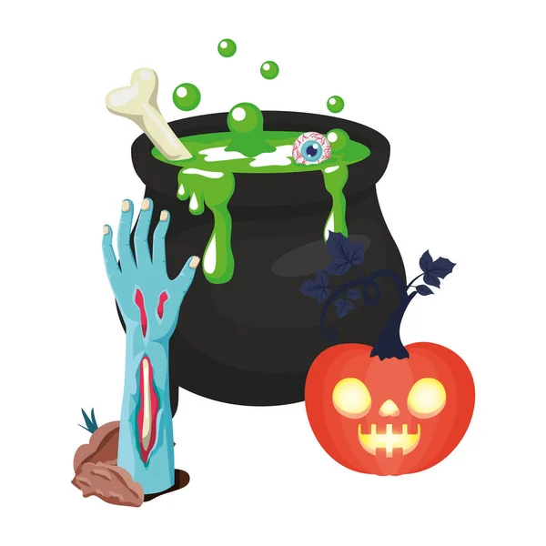Halloween sombie main et chaudron avec citrouille — Image vectorielle