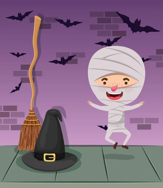 Halloween szezon jelenet gyerek jelmez múmy — Stock Vector