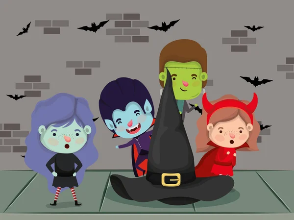 Çocuk kostümü ile cadılar bayramı sezon sahnesi — Stok Vektör