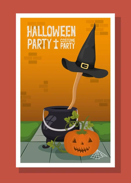 Carte de saison d'Halloween avec chaudron et citrouille — Image vectorielle