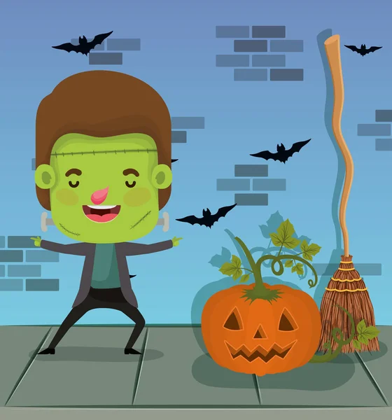 Halloween temporada escena con traje de niño frankenstein — Archivo Imágenes Vectoriales