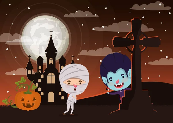 Halloween escena de temporada con los niños en el cementerio — Vector de stock