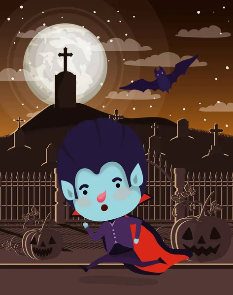 Halloween temporada escena con niño traje dracula — Vector de stock