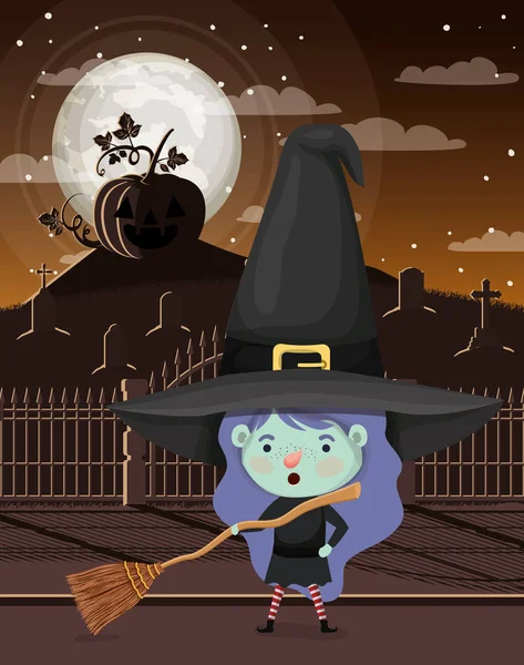 Halloween season scene with girl costume witch — Stock Vector