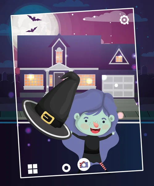 Halloween saison scène avec fille costume sorcière — Image vectorielle