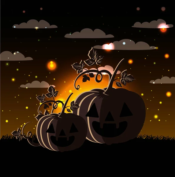 Cartolina di Halloween con zucche nella scena buia della notte — Vettoriale Stock