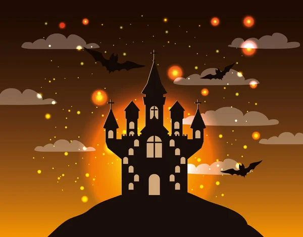 Halloween season card with castle in dark night scene — Stock Vector
